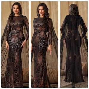 Black Sequin Embellished Gown with Bishop Sleeves